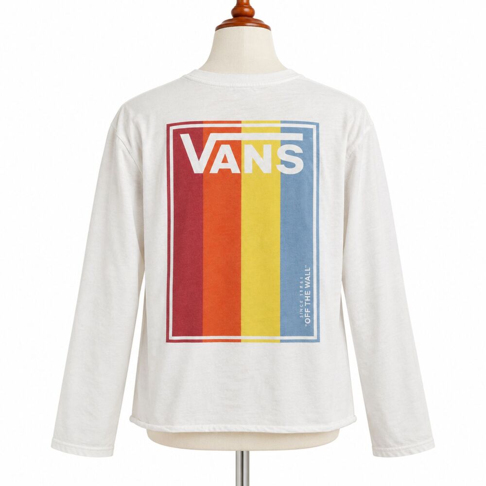 Vans Womens White Long Sleeve Graphic T Shirt Rainbow Retro Logo Skate Large